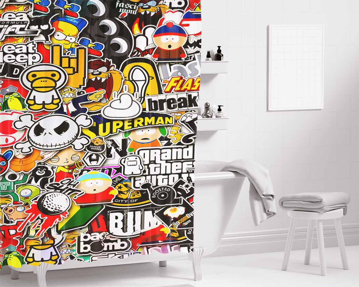 Games Collage Bathroom Shower Curtain Fabric Waterproof | 66 X 72 Inch