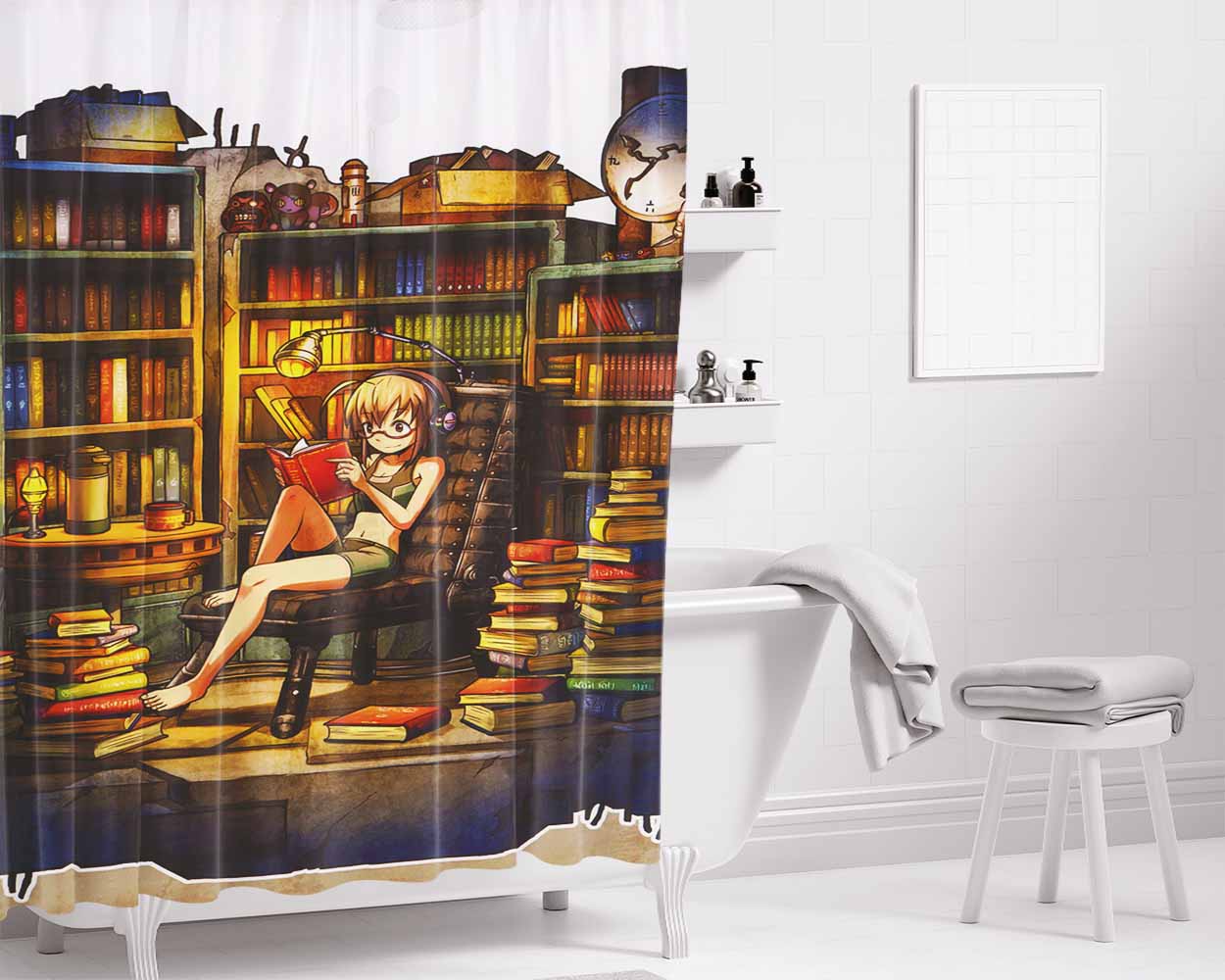 Girl Reading In The Library Bathroom Shower Curtain Fabric Waterproof | 66 X 72 Inch