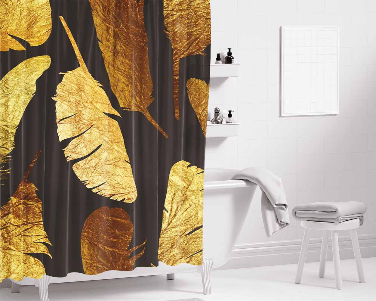 Gold Feather Pattern Bathroom Shower Curtain Fabric Waterproof | 66 X 72 Inch