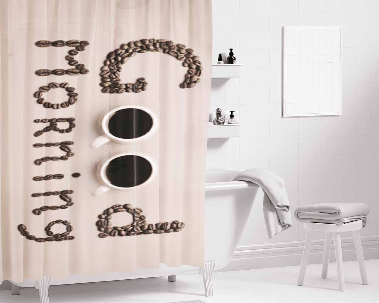 Good Morning Coffee Bathroom Shower Curtain Fabric Waterproof | 66 X 72 Inch