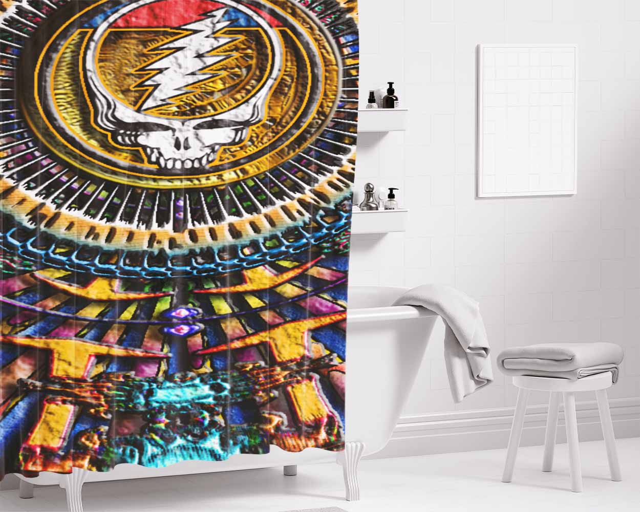Grateful Dead I Steal Your Face Mandala Style Bathroom Shower Curtain Fabric Waterproof | 66 X 72 Inch