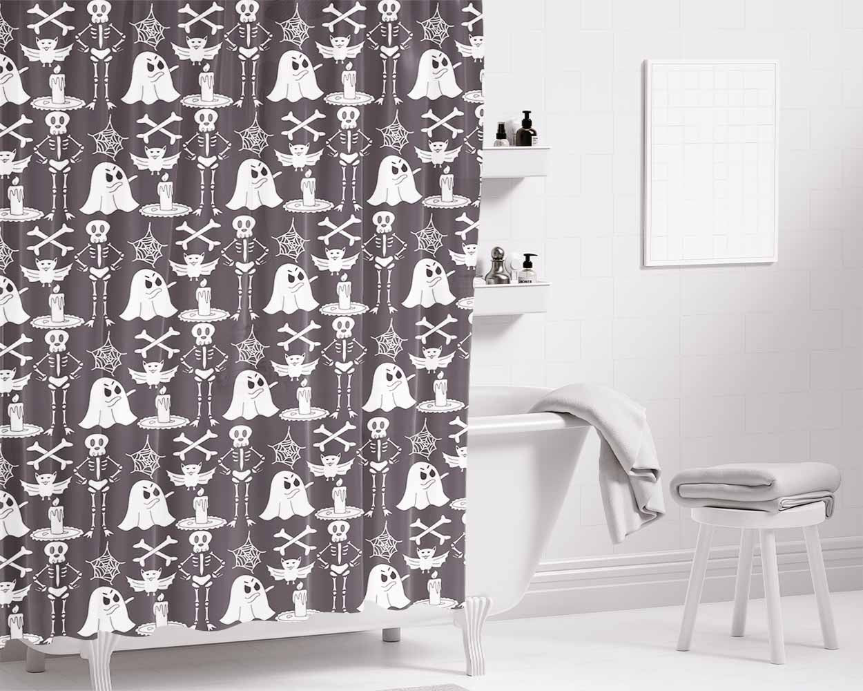 Grayscale Pattern Halloween Ghost Skeleton Bathroom Shower Curtain Fabric Waterproof | 66 X 72 Inch