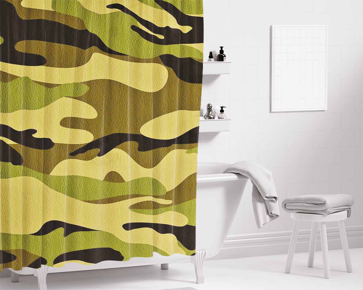 Green Camo Military Texture Bathroom Shower Curtain Fabric Waterproof | 66 X 72 Inch