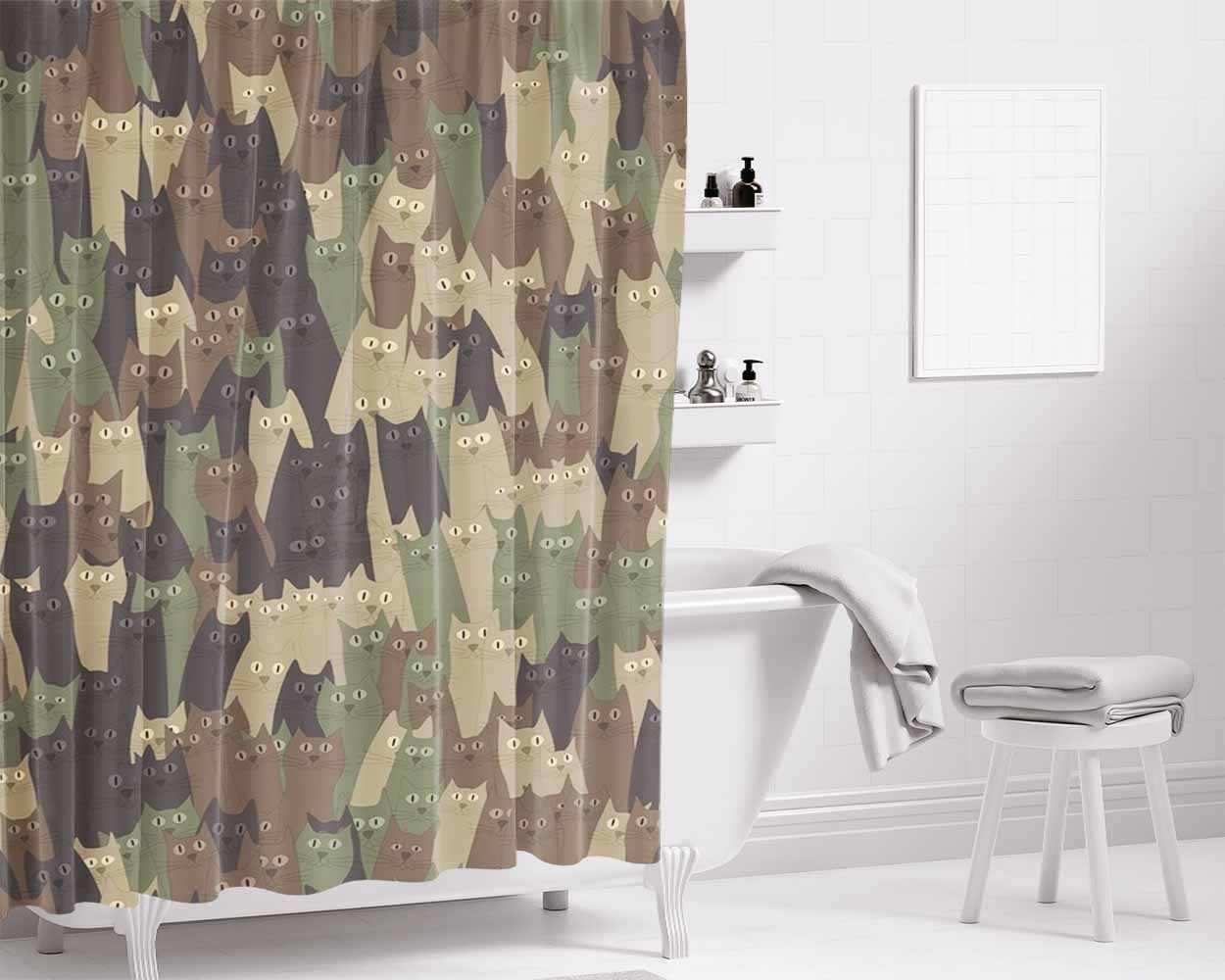 Green Camouflage Cats Doodle Bathroom Shower Curtain Fabric Waterproof | 66 X 72 Inch