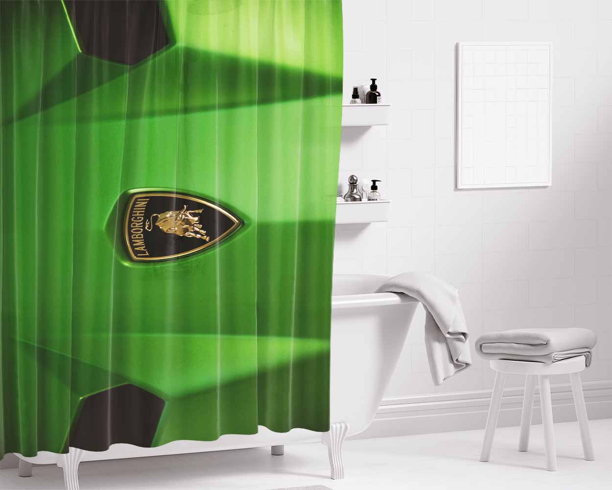 Green Front Car Lamborghi Bathroom Shower Curtain Fabric Waterproof | 66 X 72 Inch