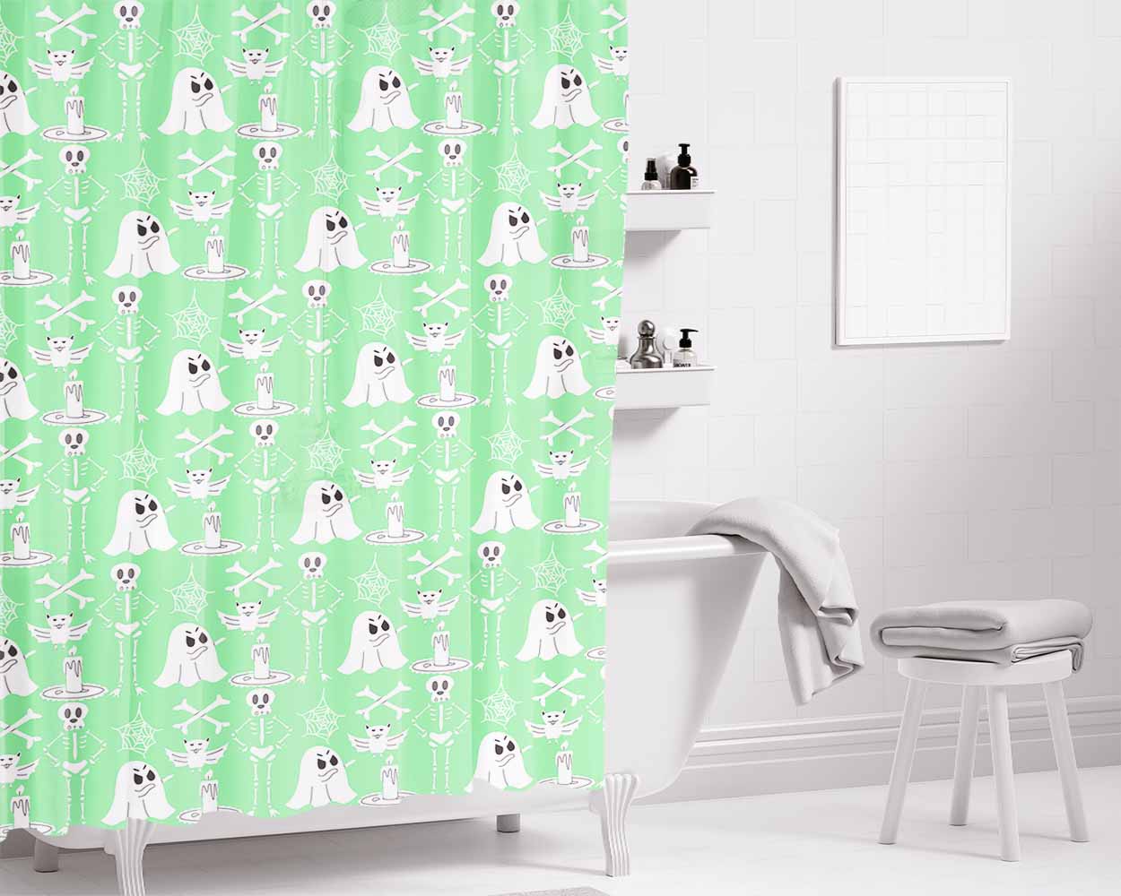 Green Pattern Halloween Ghost Skeleton Ar Bathroom Shower Curtain Fabric Waterproof | 66 X 72 Inch