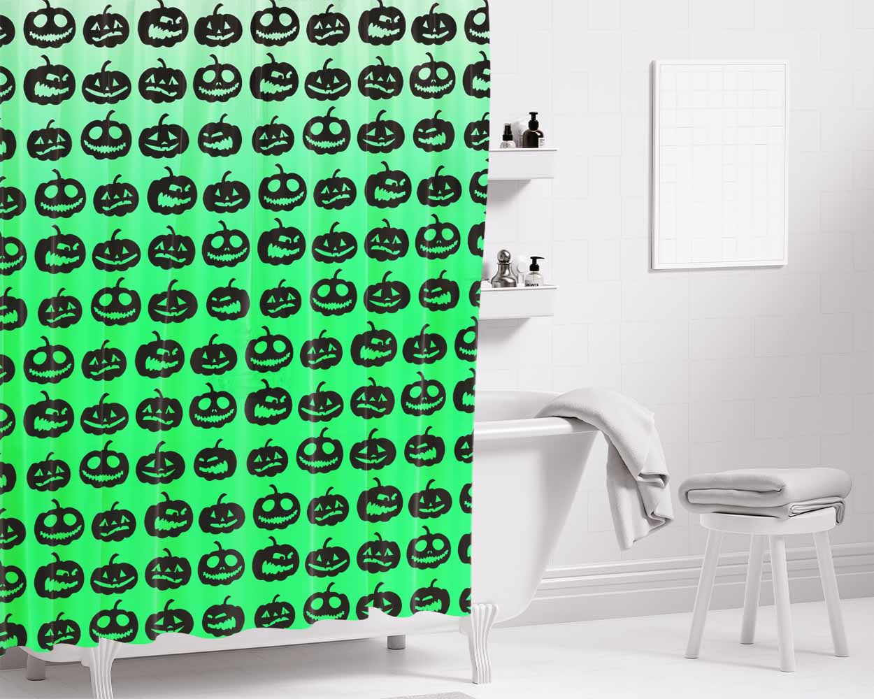 Green Pumpkins Pattern Silhouette Bathroom Shower Curtain Fabric Waterproof | 66 X 72 Inch