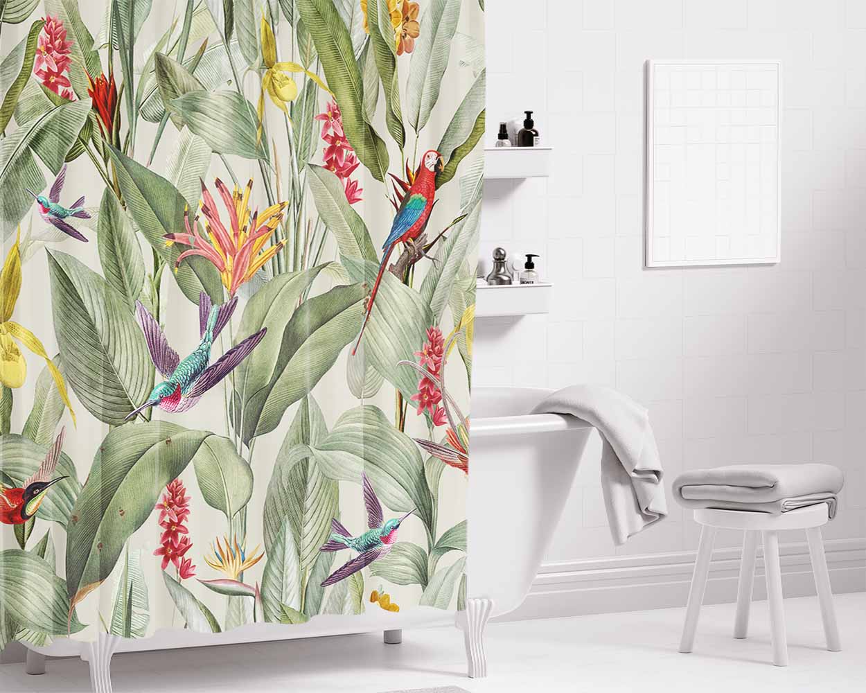Green Tropical Patter Bathroom Shower Curtain Fabric Waterproof | 66 X 72 Inch