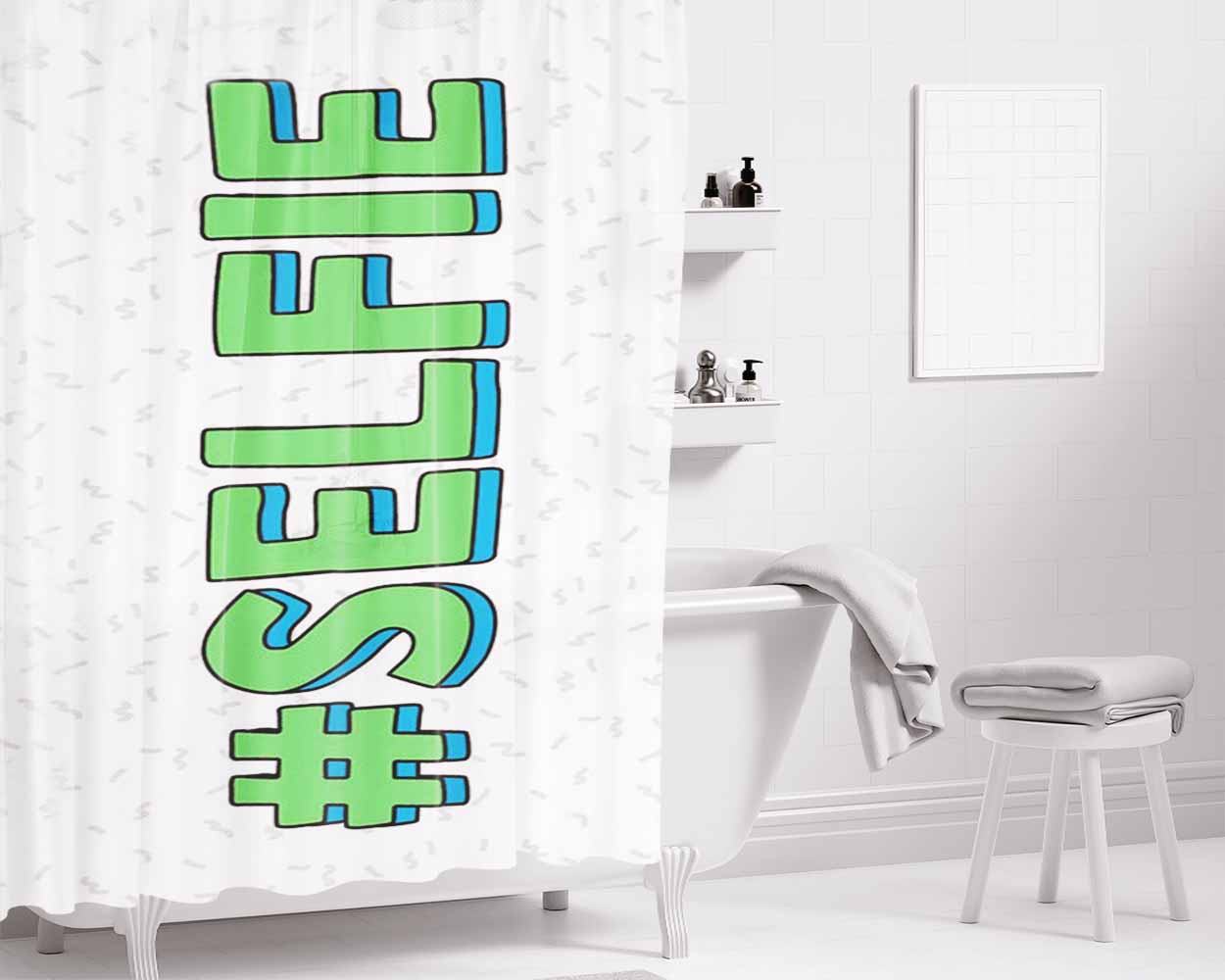 Green White Selfie Bathroom Shower Curtain Fabric Waterproof | 66 X 72 Inch