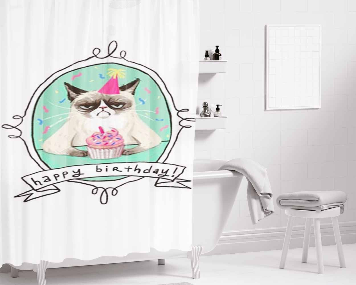 Grumpy Cat Happy Birthday Bathroom Shower Curtain Fabric Waterproof | 66 X 72 Inch