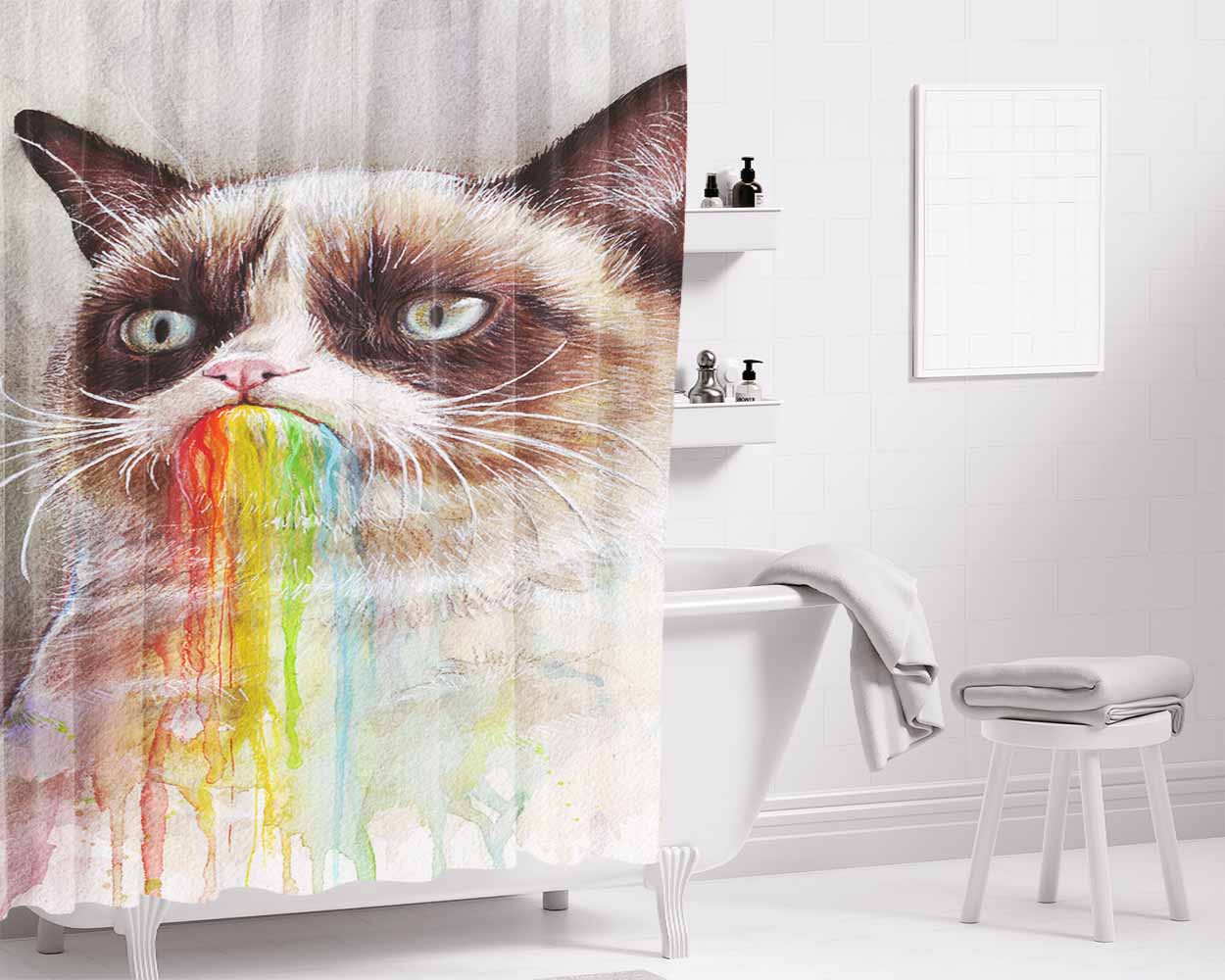 Grumpy Cat Rainbow Bathroom Shower Curtain Fabric Waterproof | 66 X 72 Inch