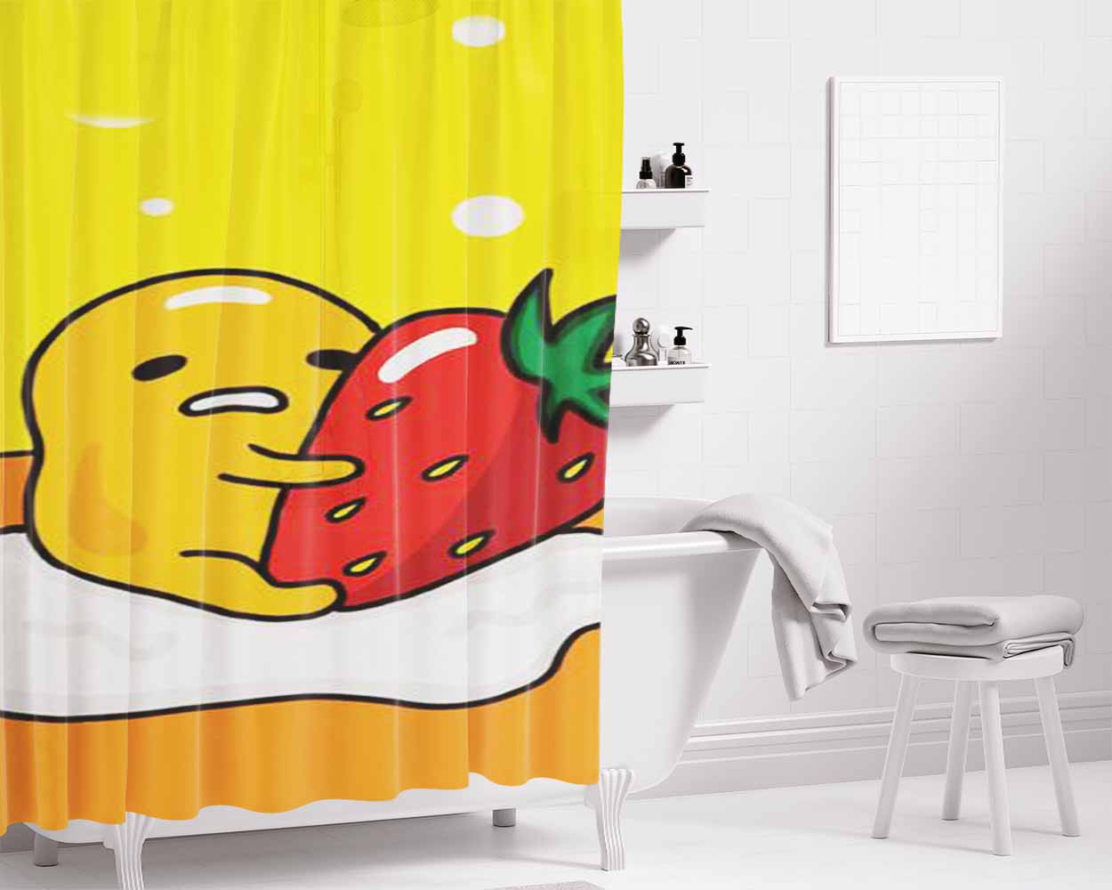 Gudetama With Strawberry Bathroom Shower Curtain Fabric Waterproof | 66 X 72 Inch