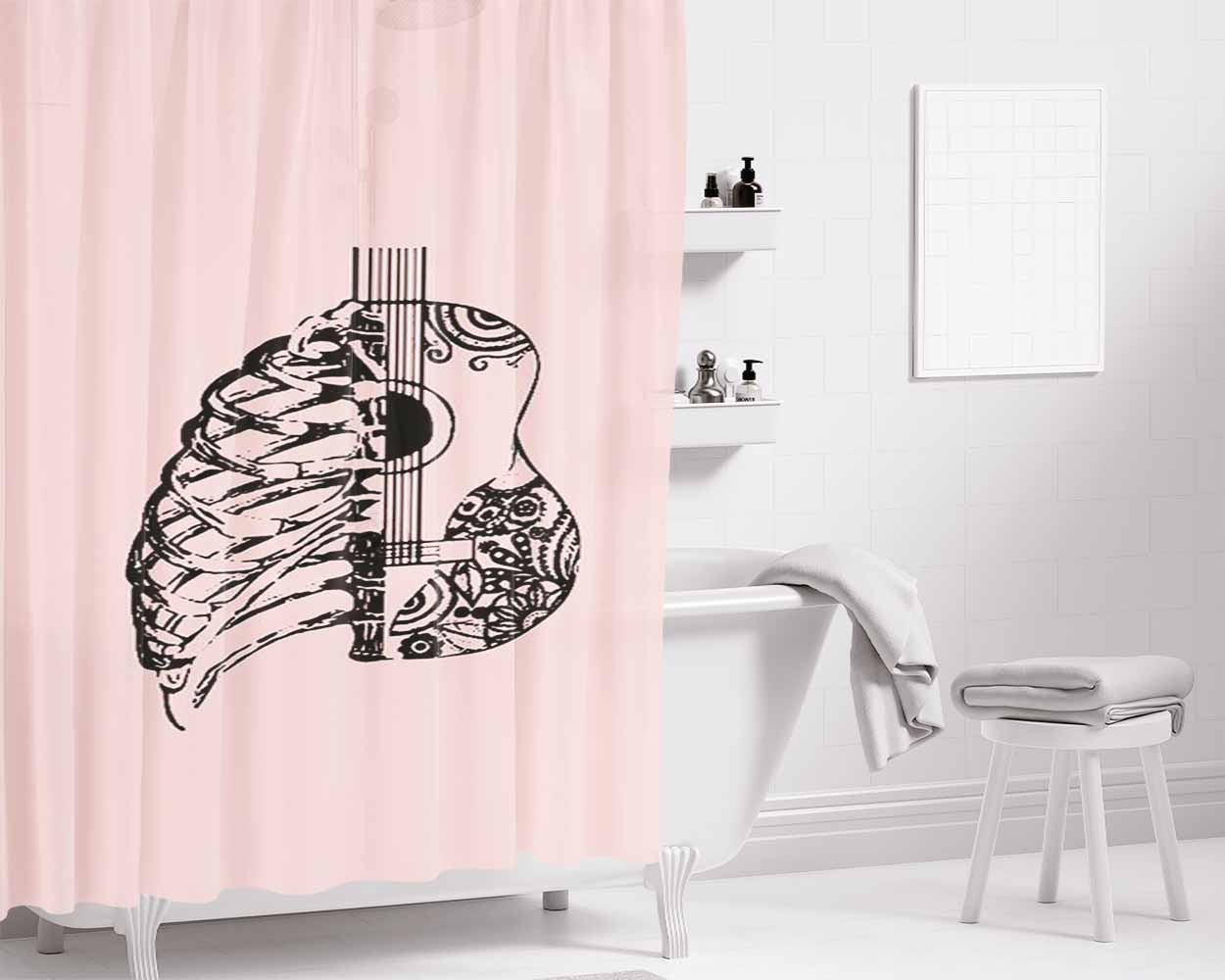 Guitar And Rib Cage Music Graphic Gift For Her Hand Drawn Bathroom Shower Curtain Fabric Waterproof | 66 X 72 Inch