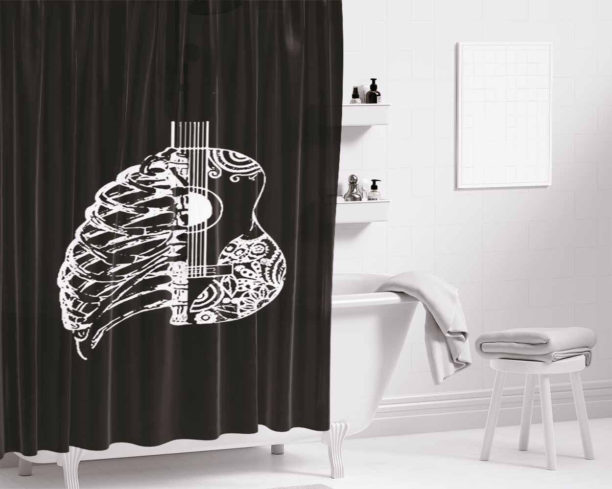 Guitar And Rib Cage Music Graphic Gift Bathroom Shower Curtain Fabric Waterproof | 66 X 72 Inch