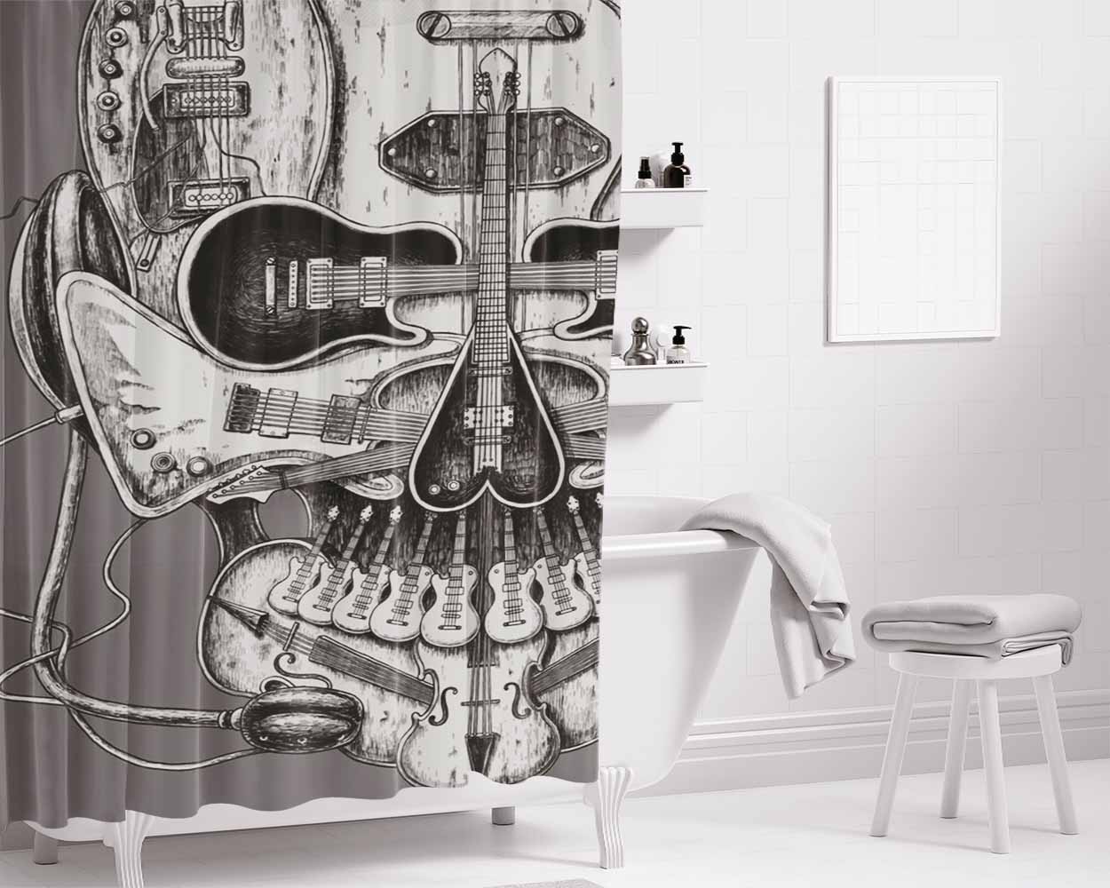 Guitars Skull Music Bathroom Shower Curtain Fabric Waterproof | 66 X 72 Inch