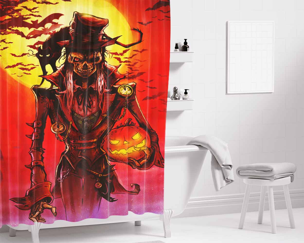 Halloween Skull Black Cat Bathroom Shower Curtain Fabric Waterproof | 66 X 72 Inch