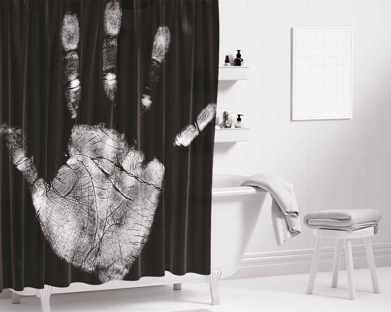 Hand Print Black Bathroom Shower Curtain Fabric Waterproof | 66 X 72 Inch