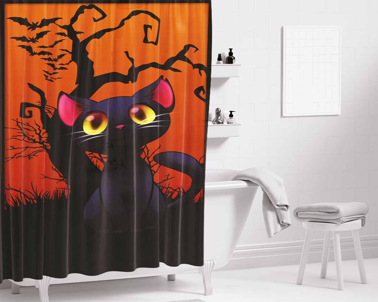 Happy Halloween Black Kitty Bathroom Shower Curtain Fabric Waterproof | 66 X 72 Inch
