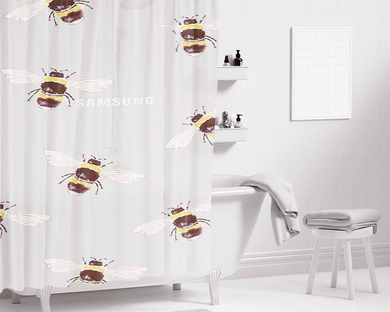 Honey Bee Patern Bathroom Shower Curtain Fabric Waterproof | 66 X 72 Inch