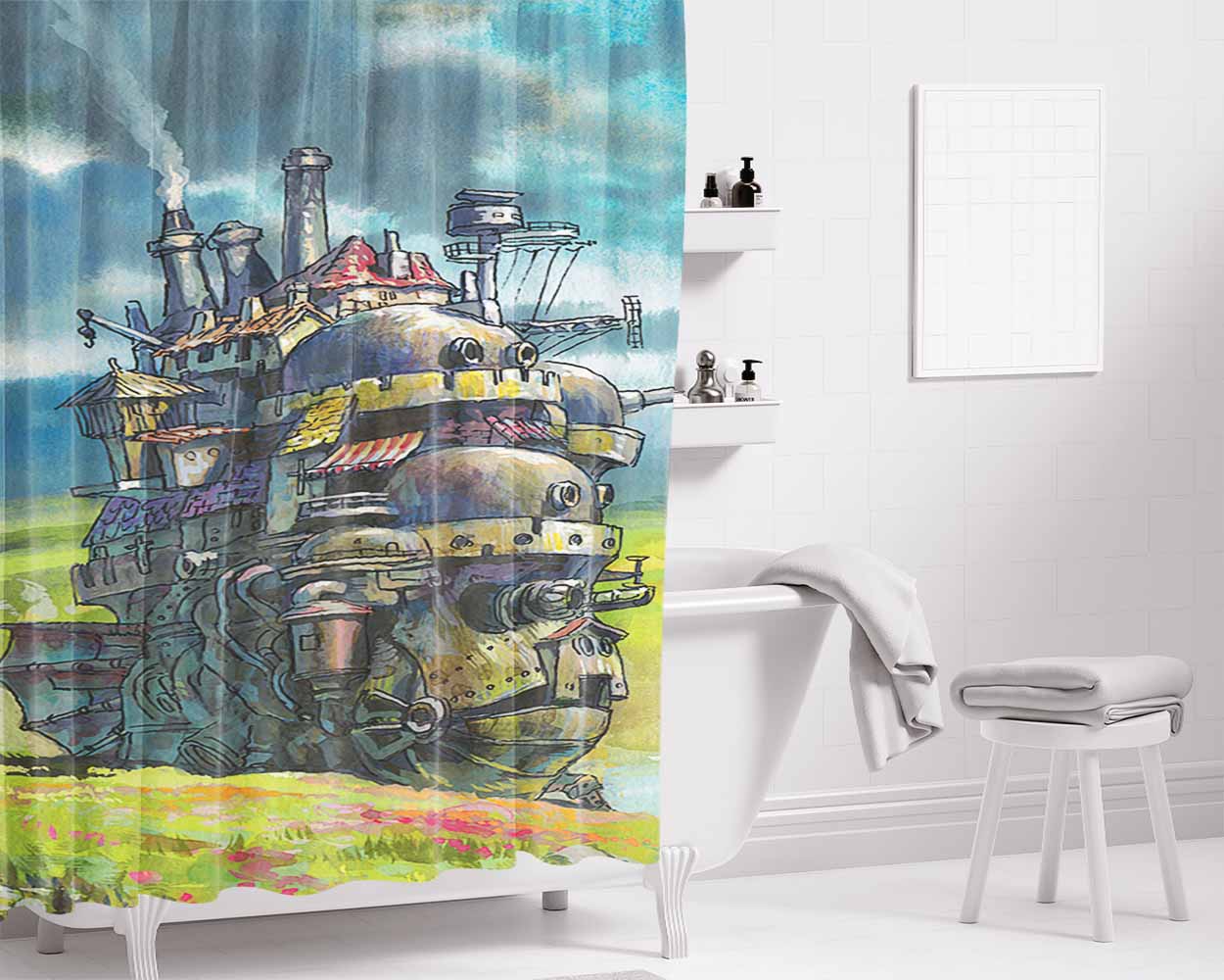 Howls Moving Castle Artwork Bathroom Shower Curtain Fabric Waterproof | 66 X 72 Inch