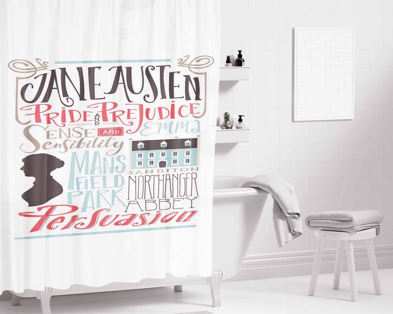 Jane Austen Bathroom Shower Curtain Fabric Waterproof | 66 X 72 Inch