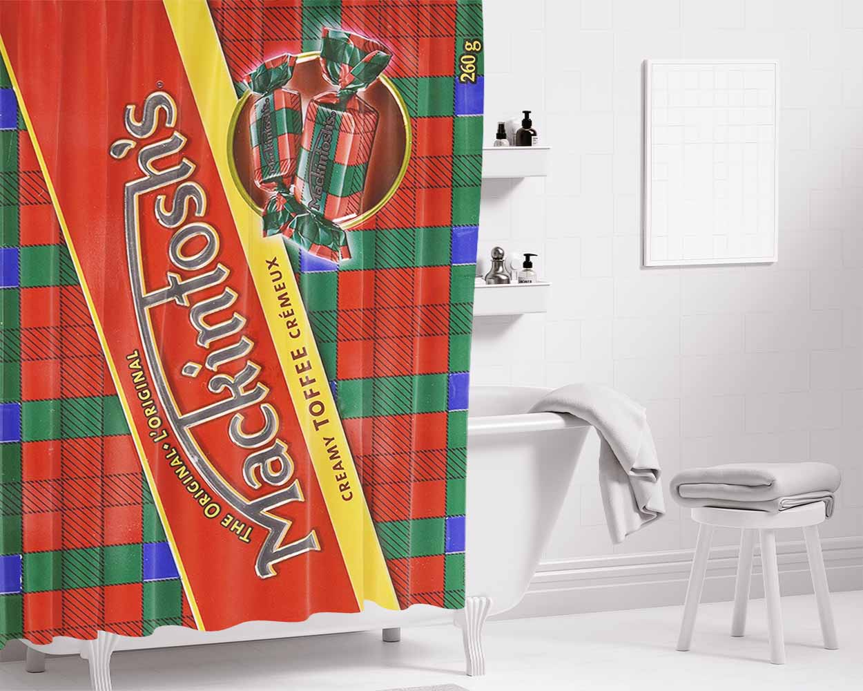 Mackintos Toffee Pieces Candy Box Bathroom Shower Curtain Fabric Waterproof | 66 X 72 Inch