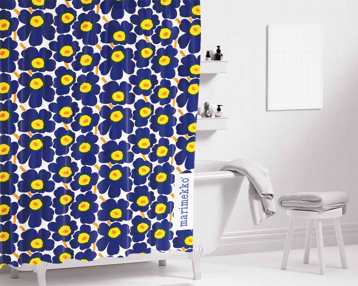 Marimekko Pieni Unikko Blue Flower Pattern Bathroom Shower Curtain Fabric Waterproof | 66 X 72 Inch