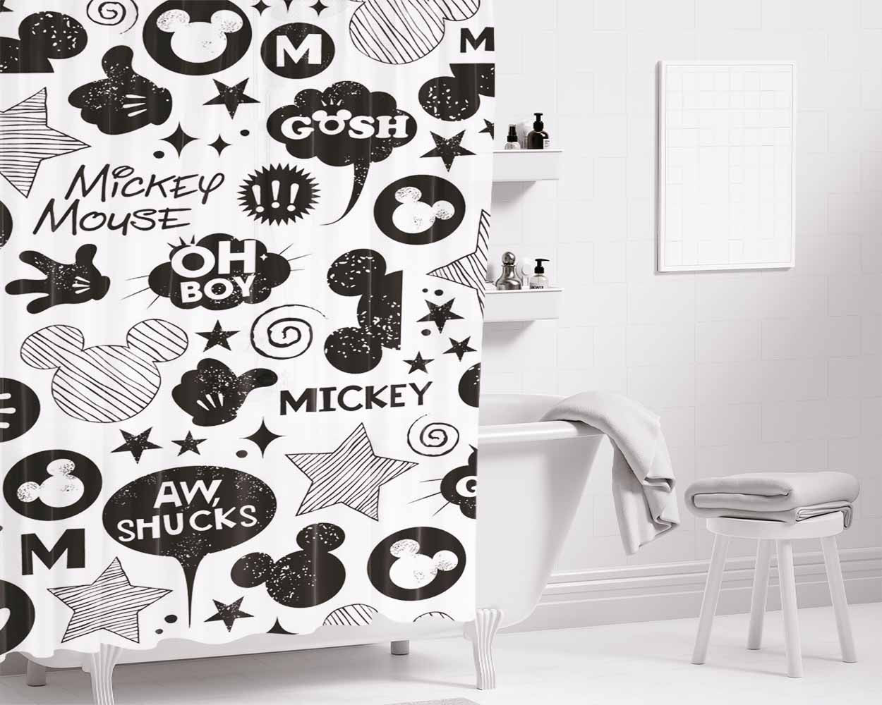 Mickey Mouse Black White Bathroom Shower Curtain Fabric Waterproof | 66 X 72 Inch