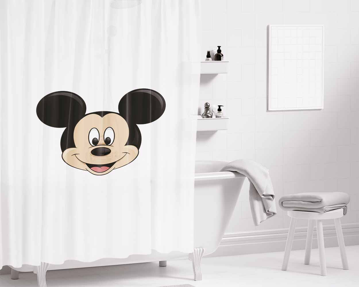 Mickey Mouse Logo White Bathroom Shower Curtain Fabric Waterproof | 66 X 72 Inch
