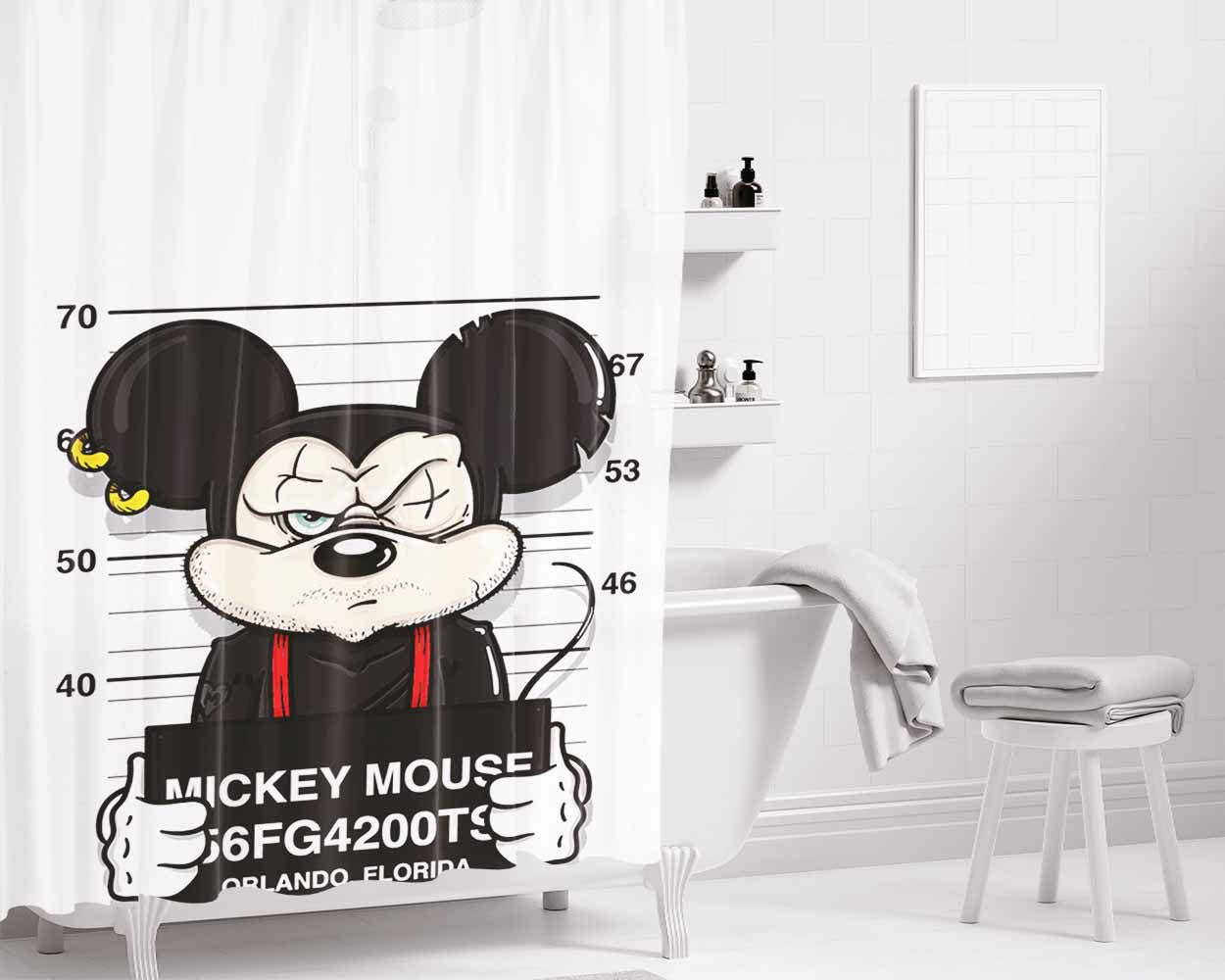 Mickey Mouse On Jail Bathroom Shower Curtain Fabric Waterproof | 66 X 72 Inch