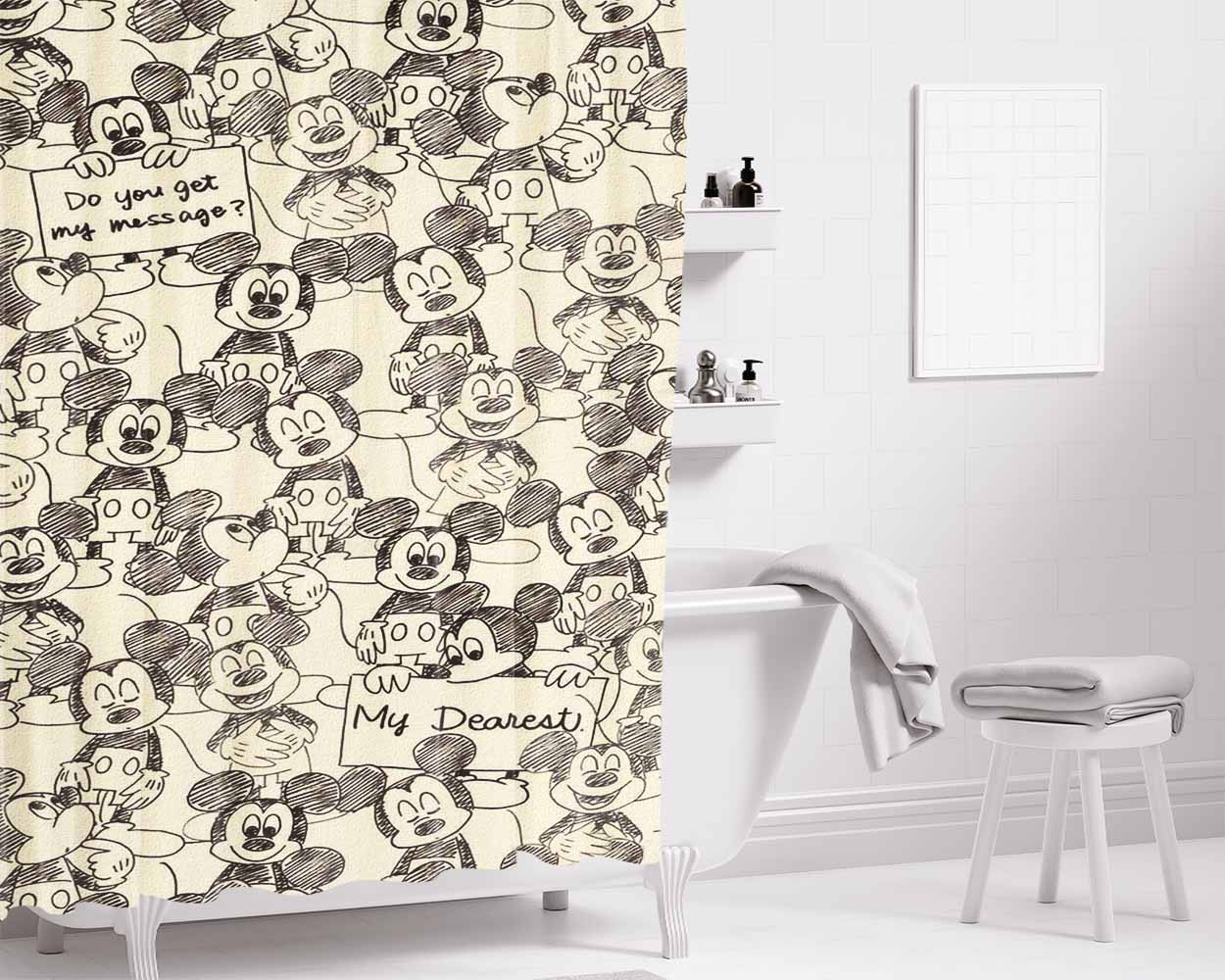 Mickey Mouse Pattern Canvas Silhouette Bathroom Shower Curtain Fabric Waterproof | 66 X 72 Inch