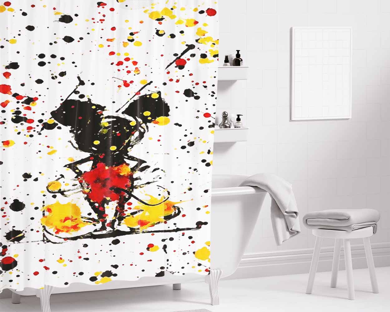Mickey Mouse Splash Paint Bathroom Shower Curtain Fabric Waterproof | 66 X 72 Inch