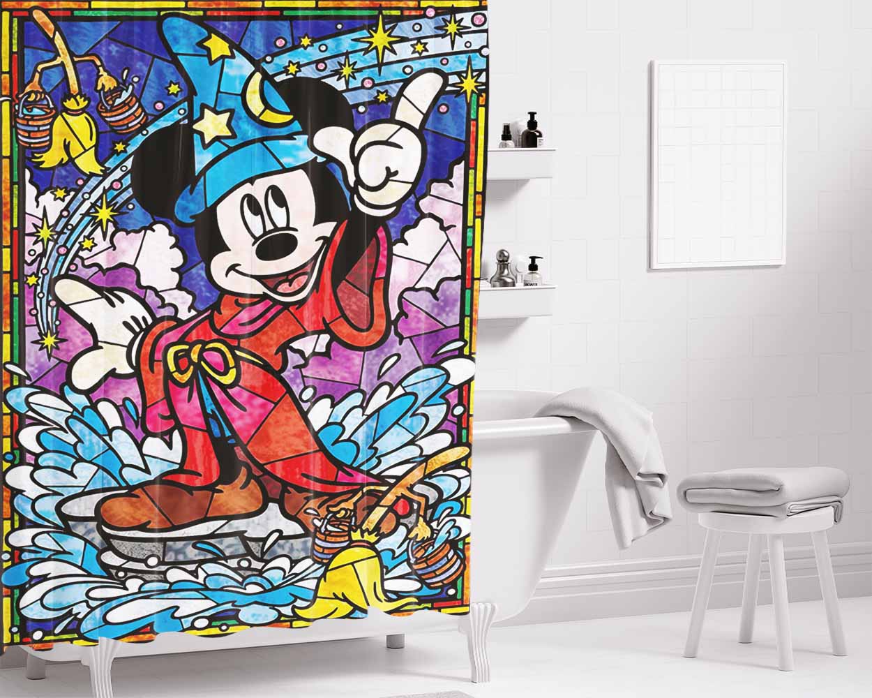 Mickey Mouse Stained Glass Bathroom Shower Curtain Fabric Waterproof | 66 X 72 Inch