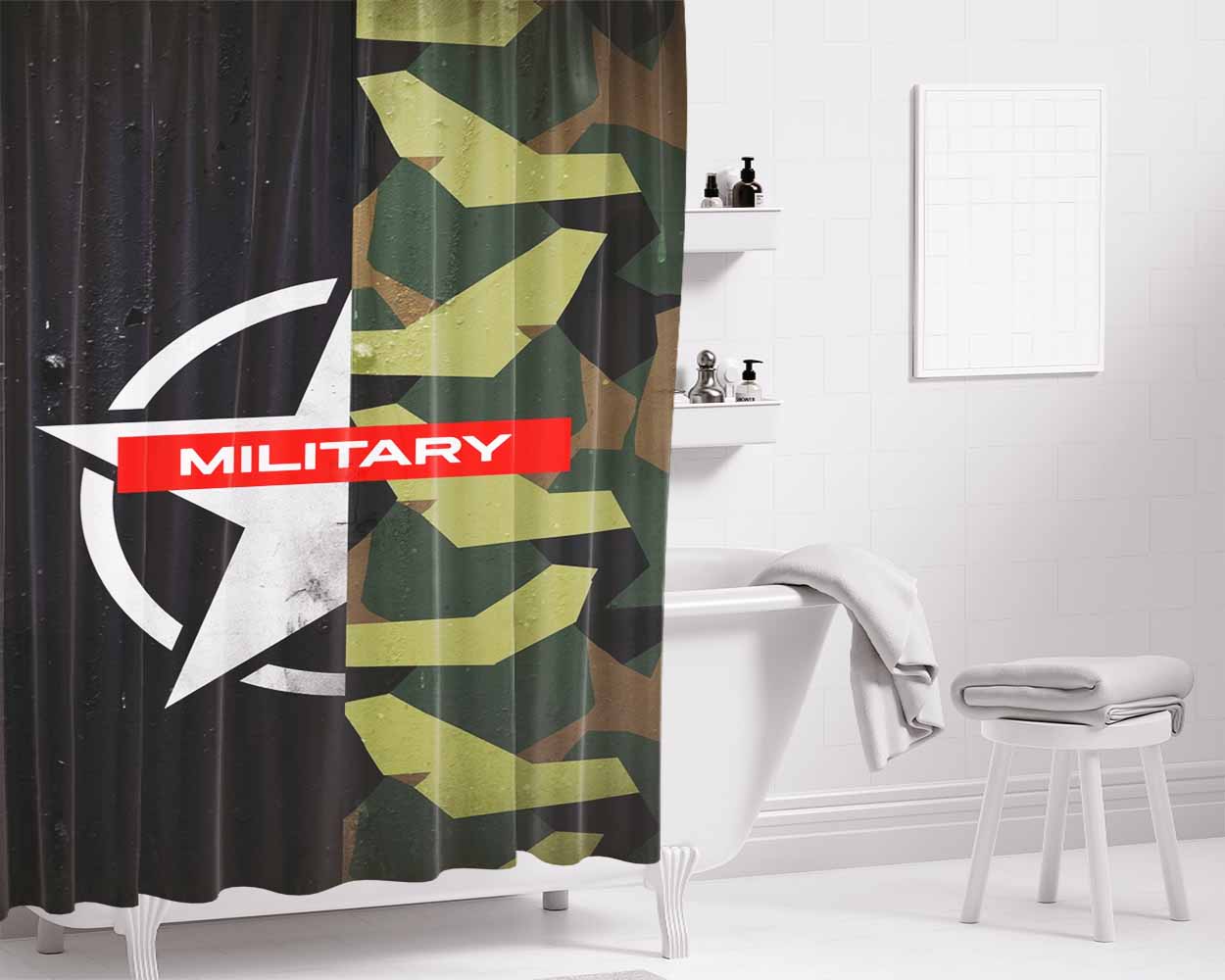 Military Star Camo Bathroom Shower Curtain Fabric Waterproof | 66 X 72 Inch