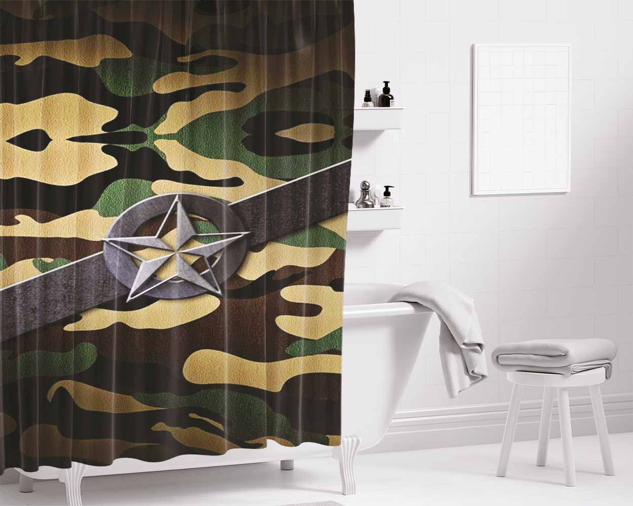 Military Star Green Camo Bathroom Shower Curtain Fabric Waterproof | 66 X 72 Inch