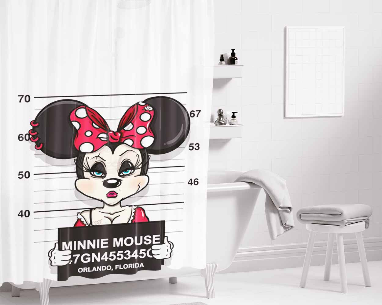 Minnie Mouse On Jail Bathroom Shower Curtain Fabric Waterproof | 66 X 72 Inch