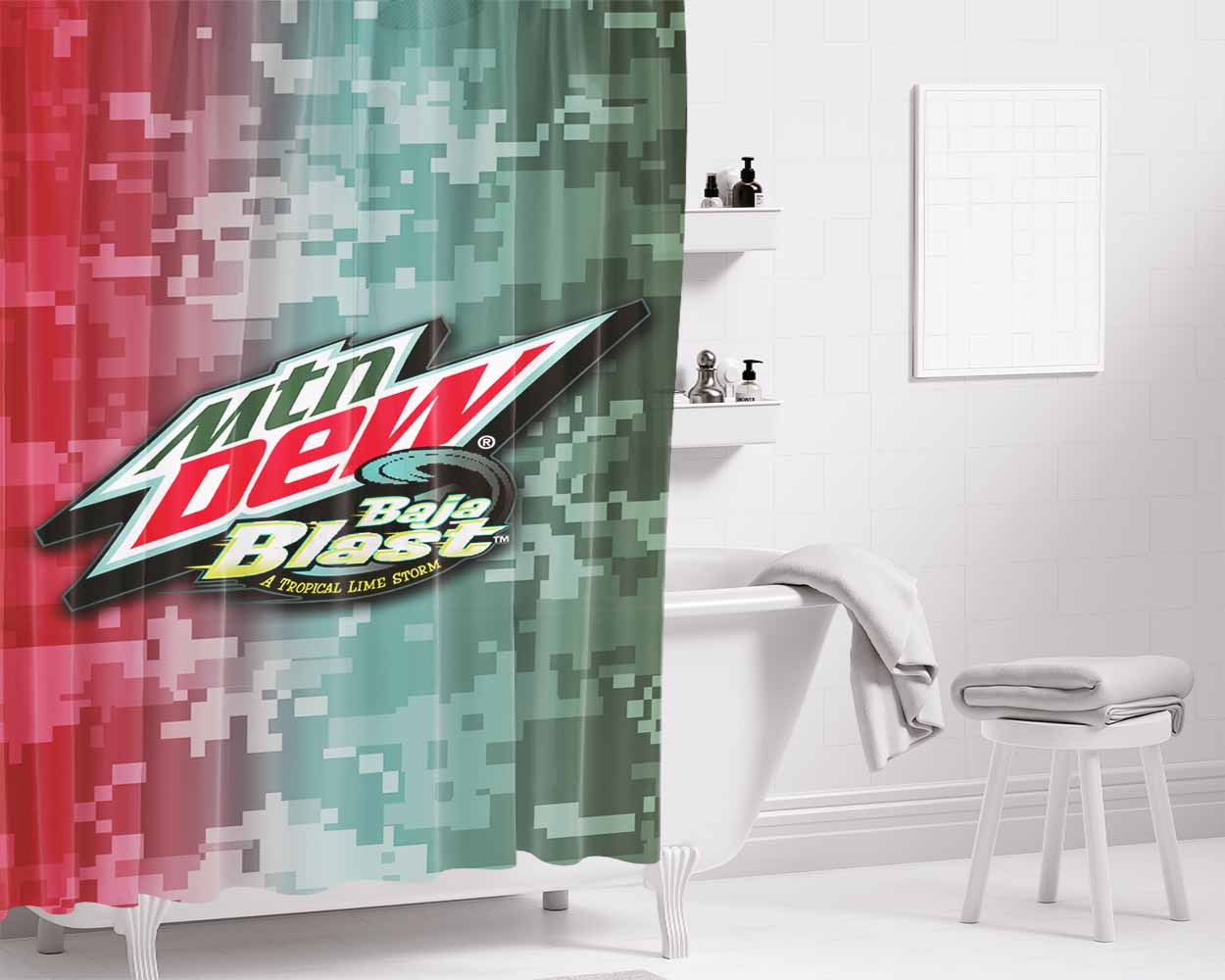 Mtn Dew Baja Blast Army Camo Bathroom Shower Curtain Fabric Waterproof | 66 X 72 Inch