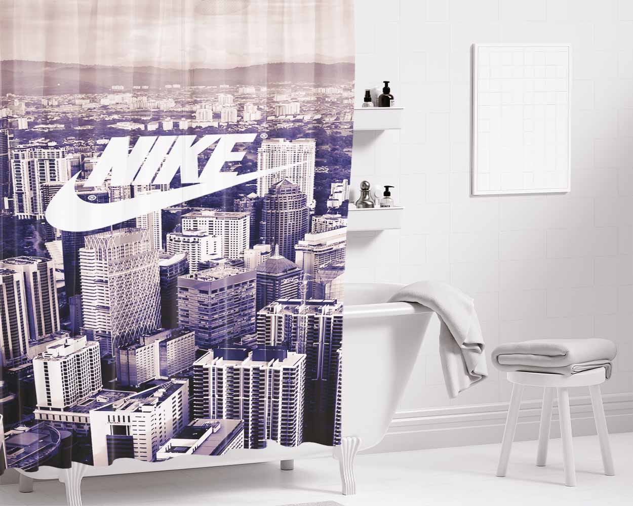 Nike Logo City Skyline Bathroom Shower Curtain Fabric Waterproof | 66 X 72 Inch