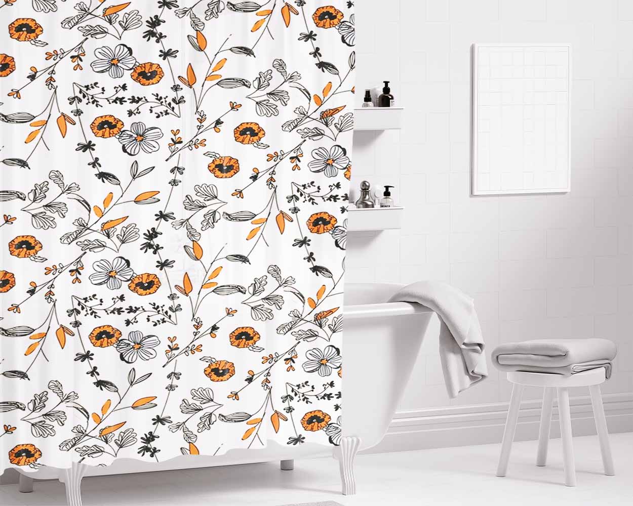Orange Flower Pattern Bathroom Shower Curtain Fabric Waterproof | 66 X 72 Inch