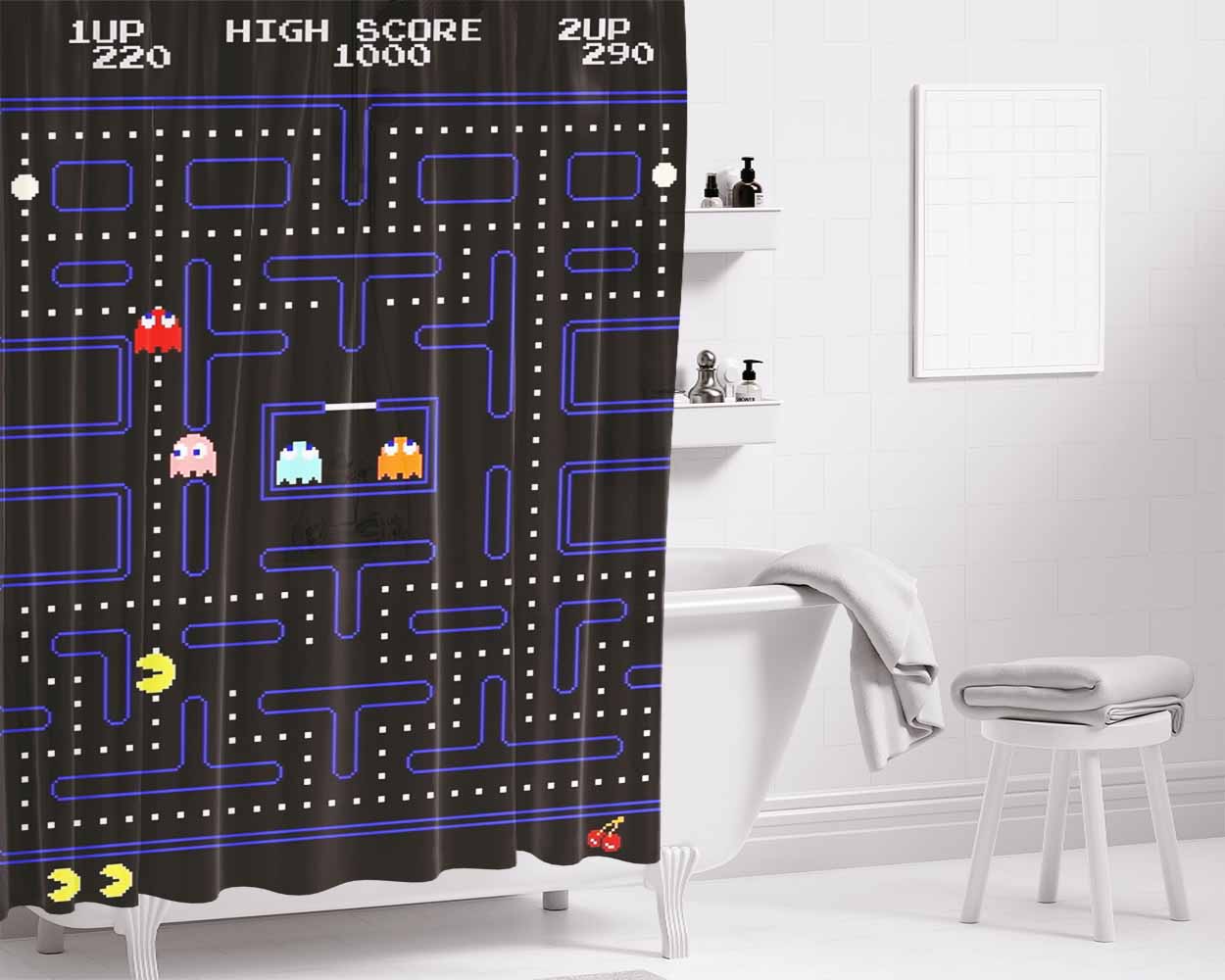 Pacman Game Bathroom Shower Curtain Fabric Waterproof | 66 X 72 Inch