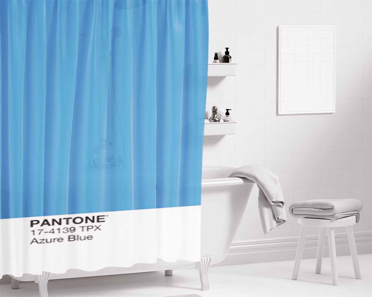 Pantone Azure Blue Bathroom Shower Curtain Fabric Waterproof | 66 X 72 Inch