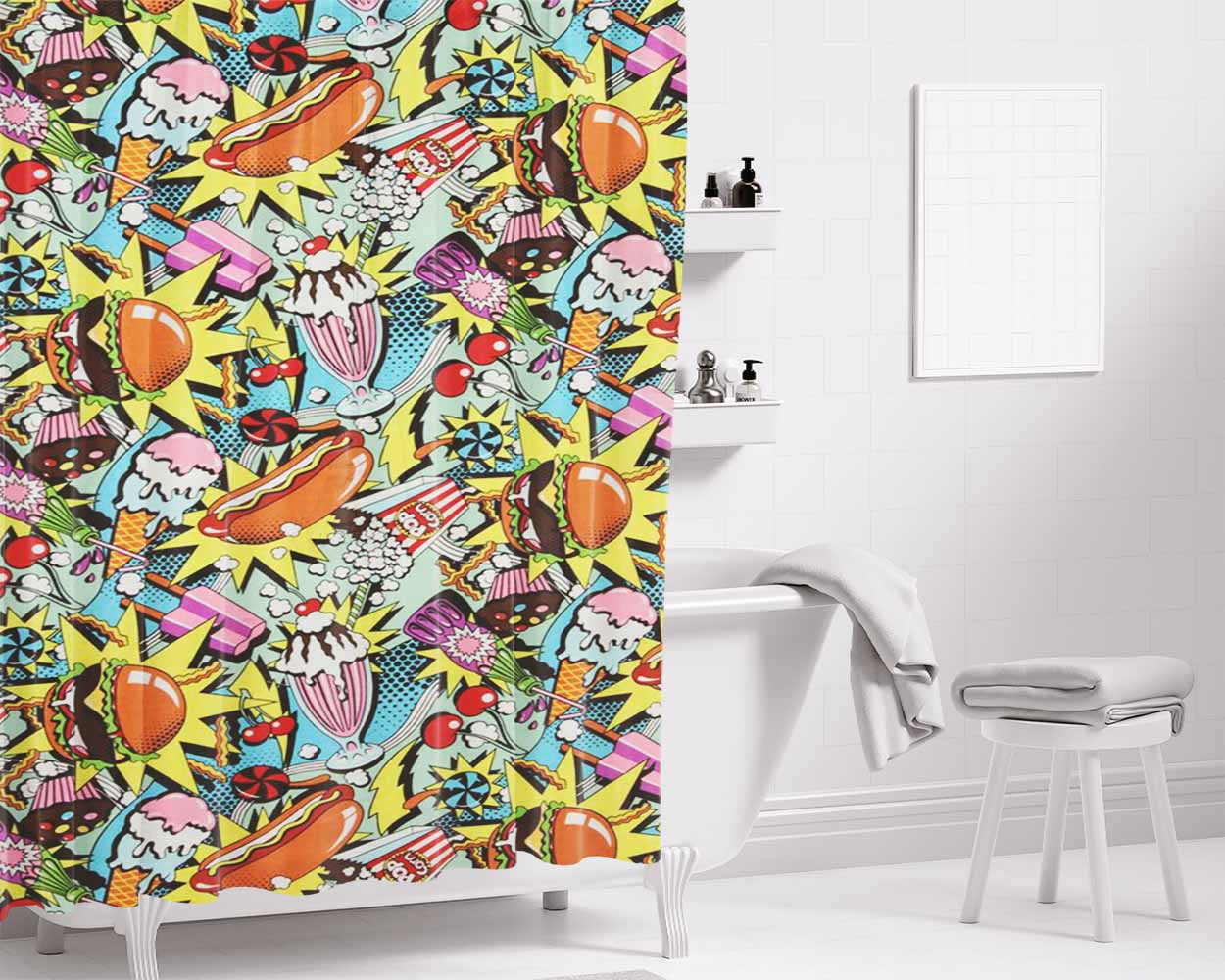 Pattern Candle Pop Burger Bathroom Shower Curtain Fabric Waterproof | 66 X 72 Inch
