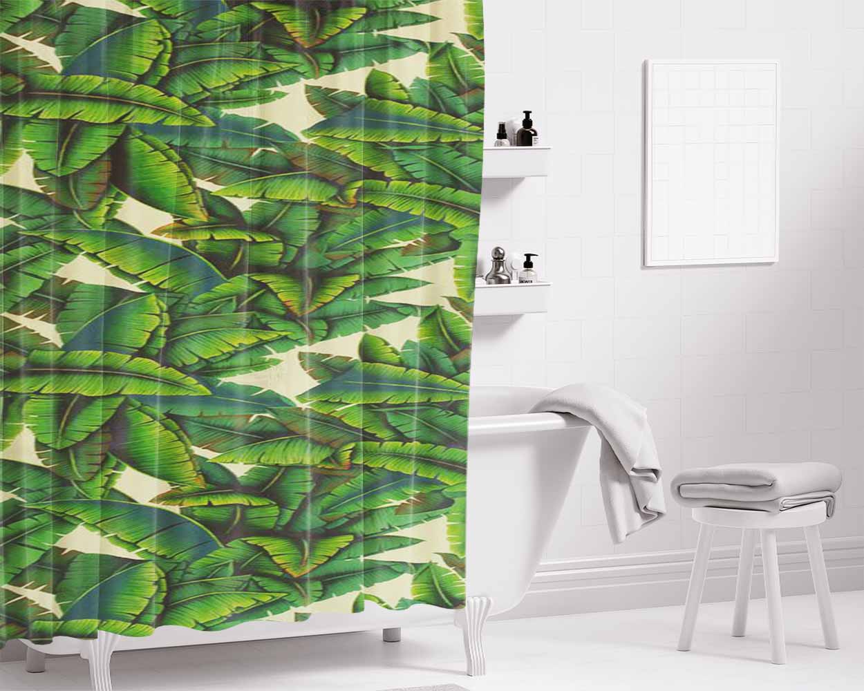 Pattern Green White Bathroom Shower Curtain Fabric Waterproof | 66 X 72 Inch
