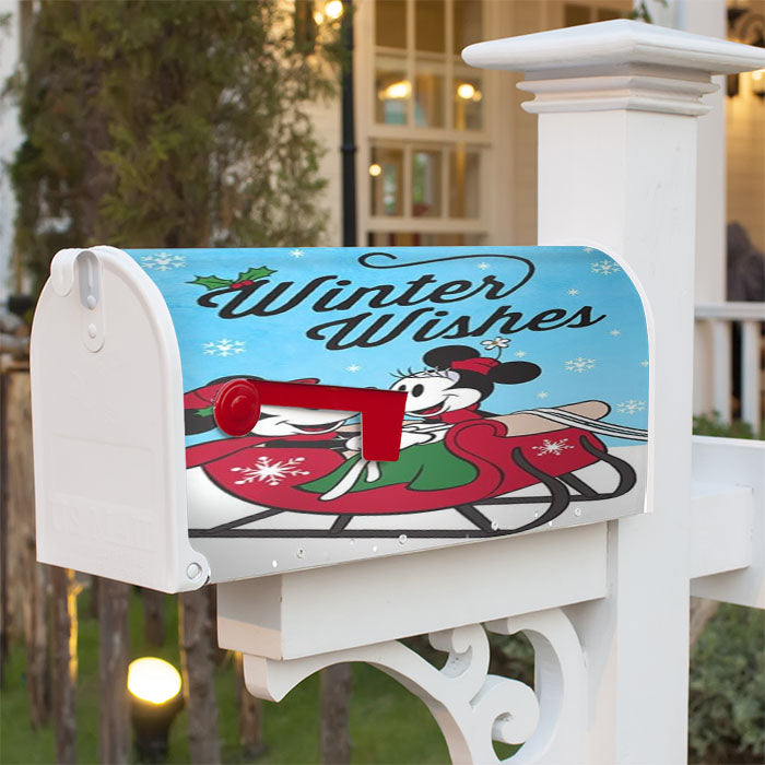 Winter Wishes Sleigh Mickey And Minnie Magnetic Mailbox Cover 18" X 21" Outdoor Decor