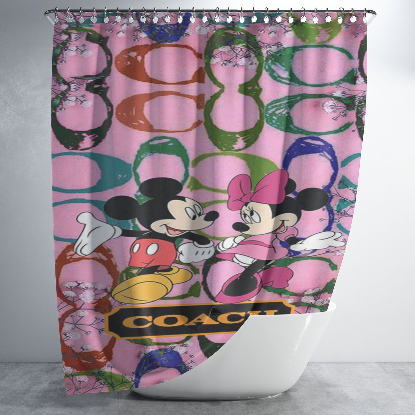Coach Pink Flower Mickey Minnie Bathroom Shower Curtain Fabric Waterproof | 66 X 72 Inch