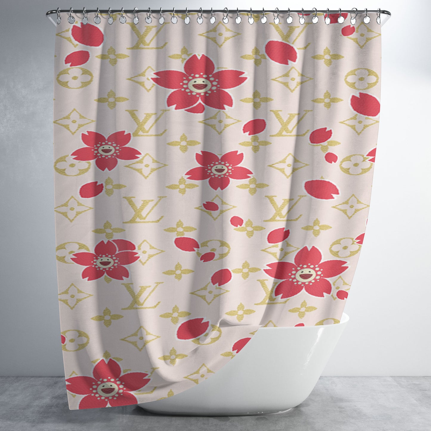Louis Vuitton Cream Red Bathroom Shower Curtain Fabric Waterproof | 66 X 72 Inch