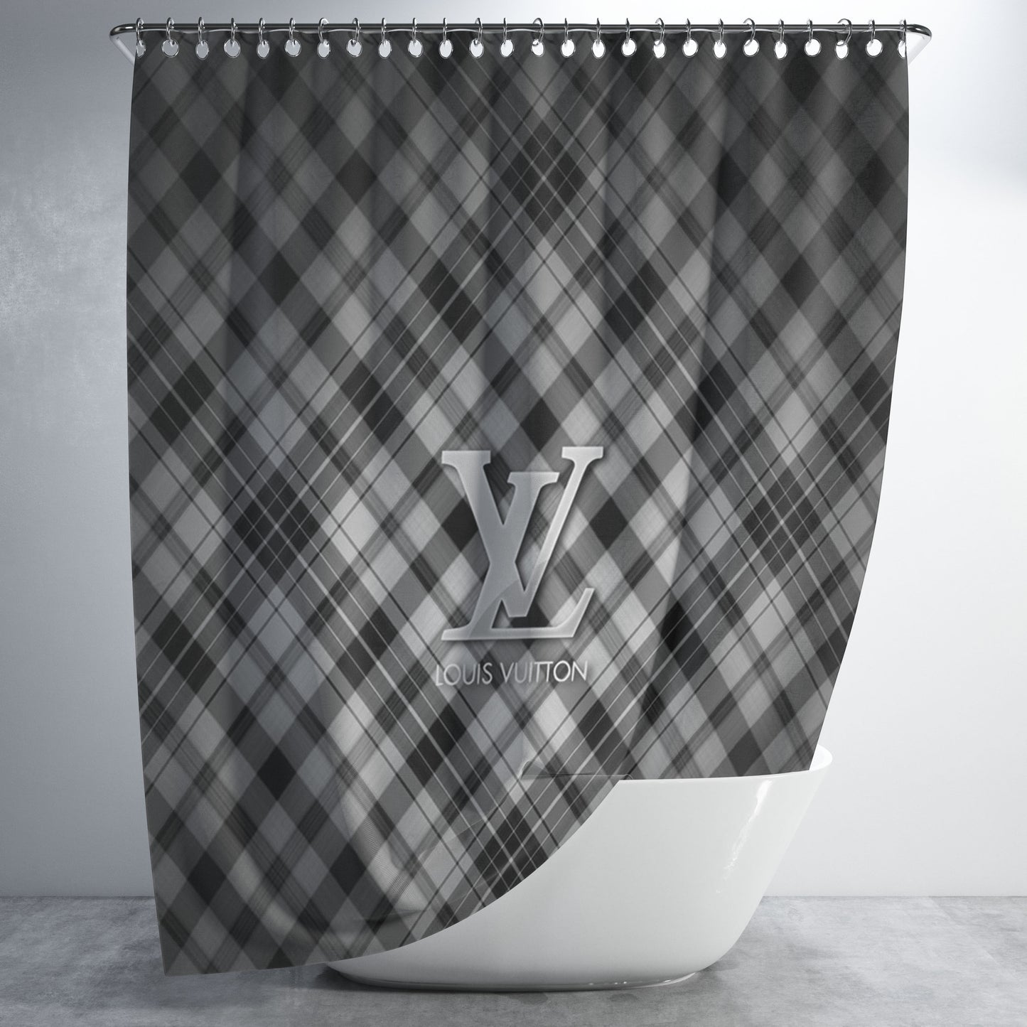 Louis Vuitton Logo In Silver Style Bathroom Shower Curtain Fabric Waterproof | 66 X 72 Inch