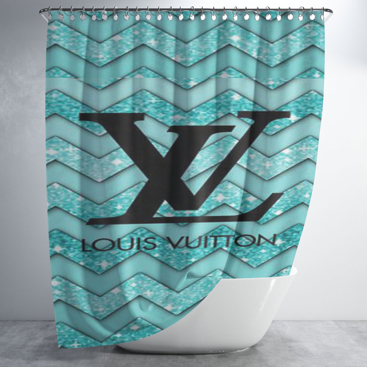 Louis Vuitton Sky Blue Chevron Bathroom Shower Curtain Fabric Waterproof | 66 X 72 Inch