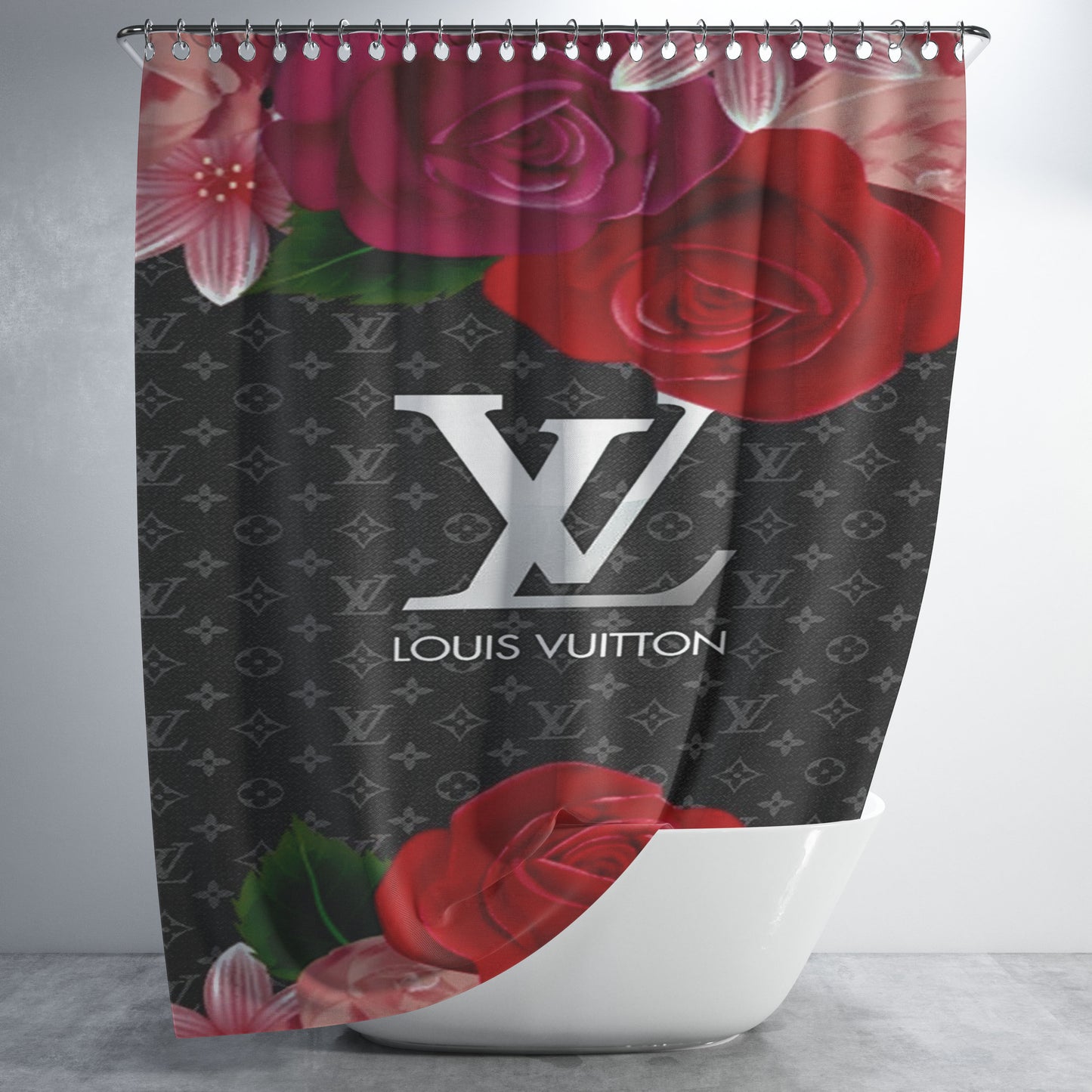 Louis Vuitton With Rose Bathroom Shower Curtain Fabric Waterproof | 66 X 72 Inch