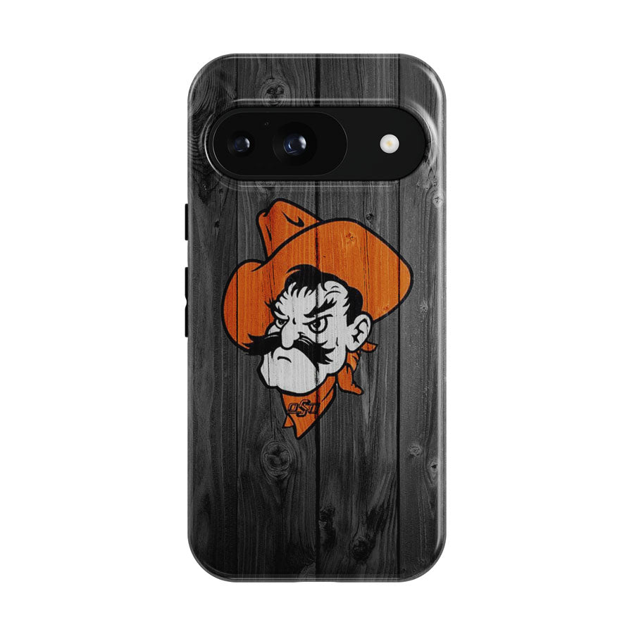 Oklahoma State Pistol Pete Logo Dark Wood Wallpaper Google Pixel 9 | 10 Pro Case